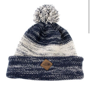 North Face Hat Beanie Pom Pom Knit‎ Blue White Striped Winter Warm Outdoor NWOT